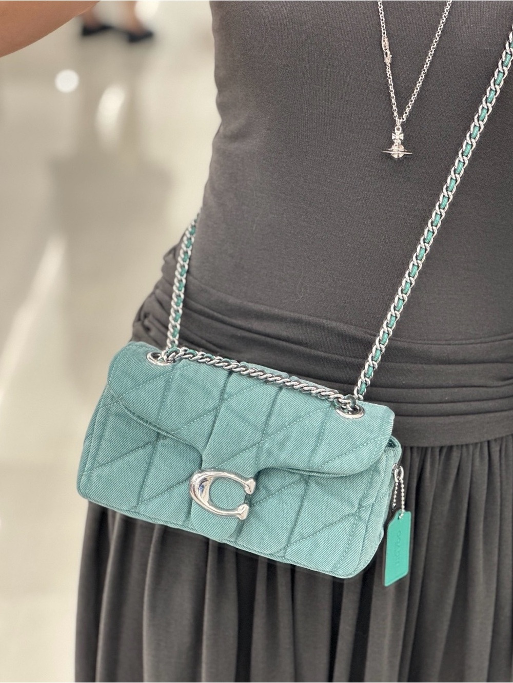 NWT Coach Tabby Colorful Denim Shoulder Bag 20 With Quilting Crossbody-IVY GREEN - Picture 3 of 13